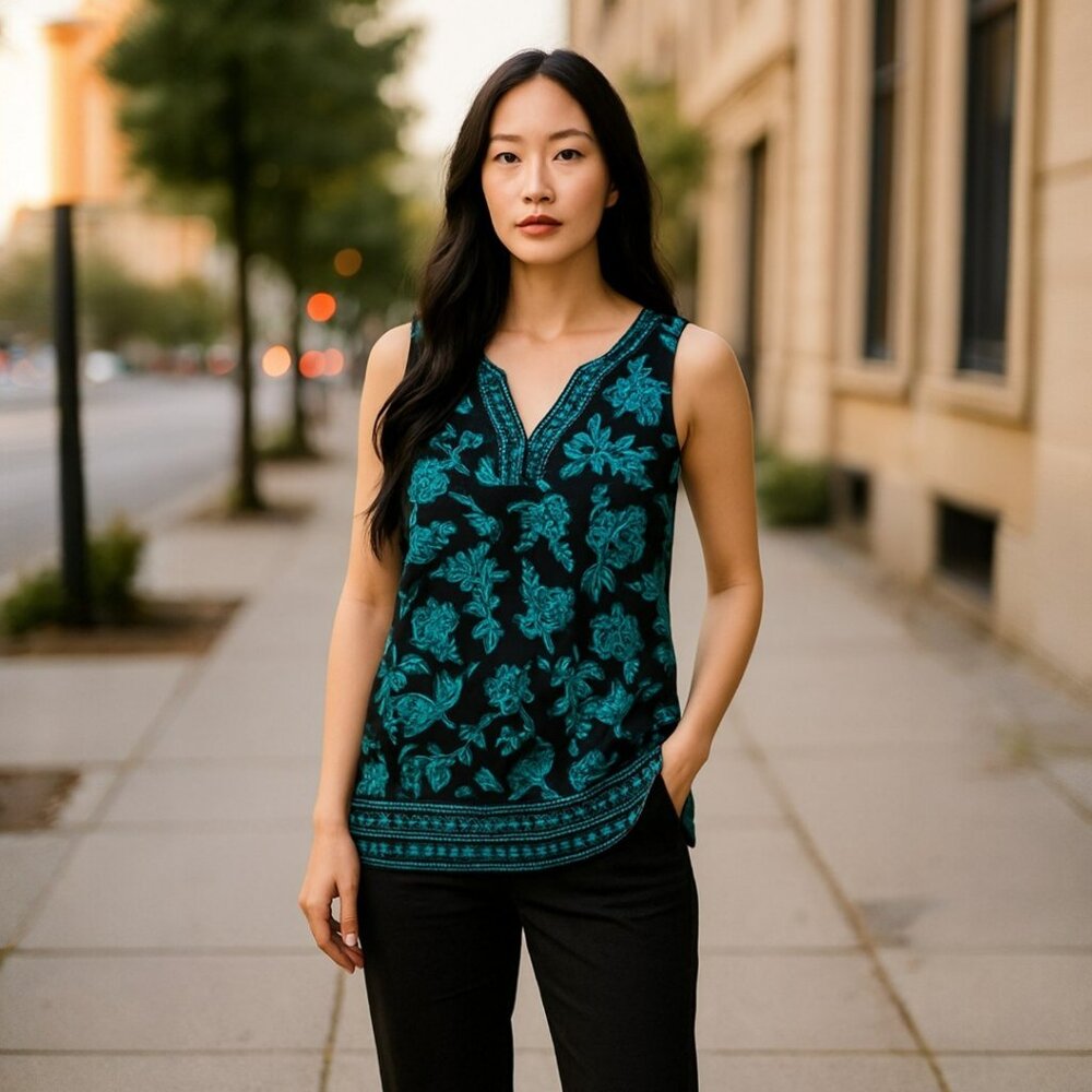 StitchFix Split Neck STUDDED Tank TOP M Black Blue Floral Celine